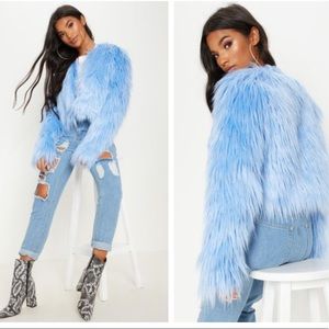 Blue Cropped Shaggy Faux Fur Jacket